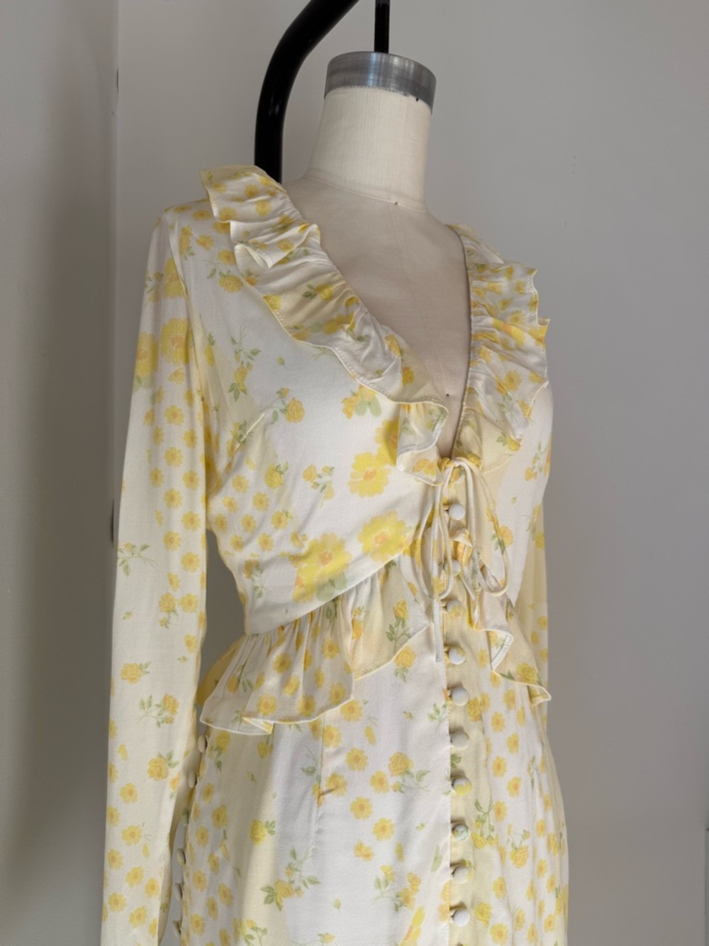 Women's Yellow Floral Long Sleeve Ruffle Dress